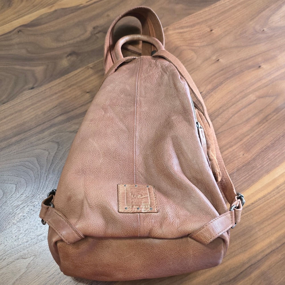 We The Free Free People Leather Sling Backpack Women Tan Brown Boho Triangle Bag